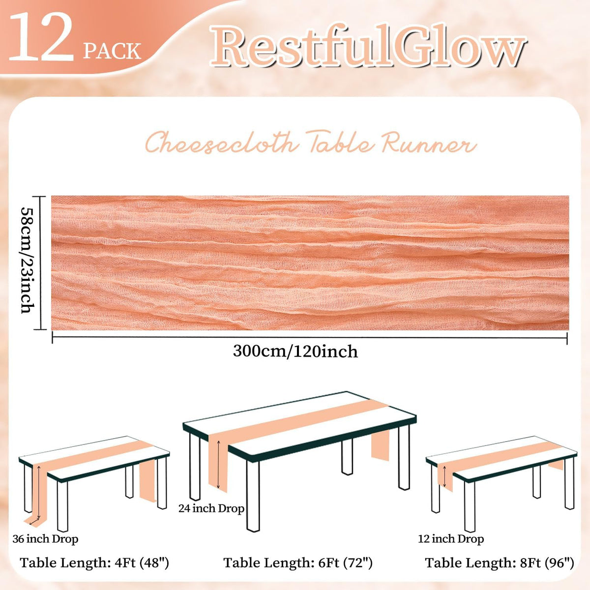 12 Pack Peach Cheesecloth Table Runner 10Ft 23 x 120 Inch