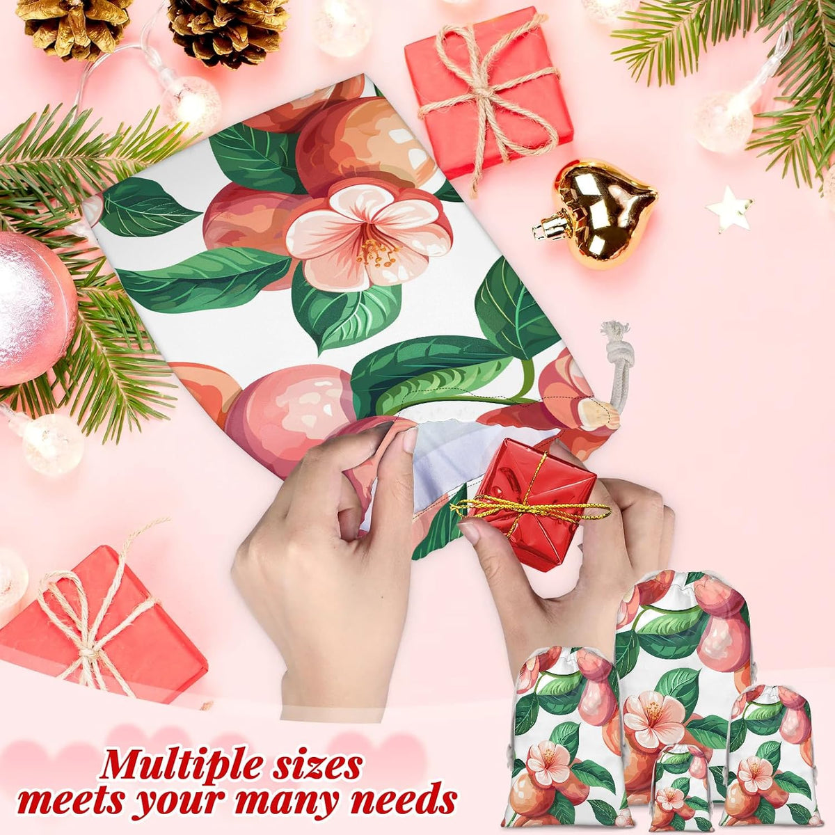 Peach Flower Floral Christmas Drawstring Gifts Bags Xmas Treat Pouch for Christmas Party Supplies Assorted Sizes for Holiday Present 29.92 x 19.69 inches