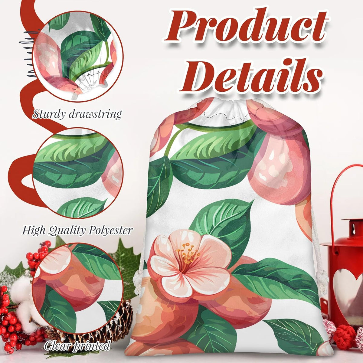 Peach Flower Floral Christmas Drawstring Gifts Bags Xmas Treat Pouch for Christmas Party Supplies Assorted Sizes for Holiday Present 29.92 x 19.69 inches