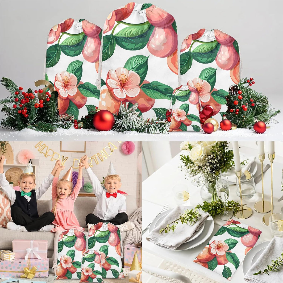 Peach Flower Floral Christmas Drawstring Gifts Bags Xmas Treat Pouch for Christmas Party Supplies Assorted Sizes for Holiday Present 29.92 x 19.69 inches