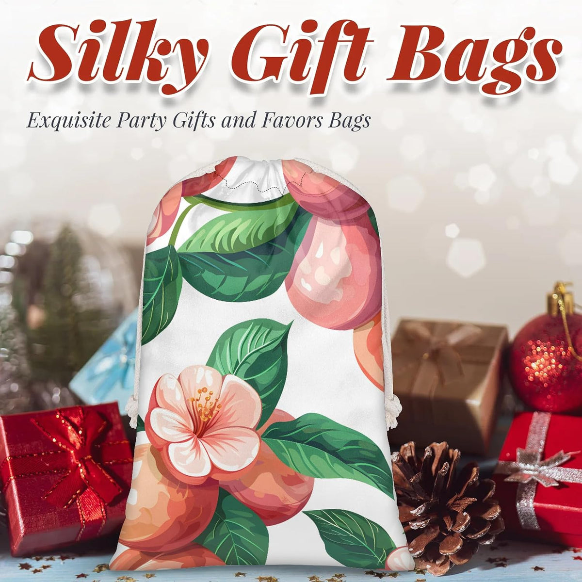 Peach Flower Floral Christmas Drawstring Gifts Bags Xmas Treat Pouch for Christmas Party Supplies Assorted Sizes for Holiday Present 29.92 x 19.69 inches