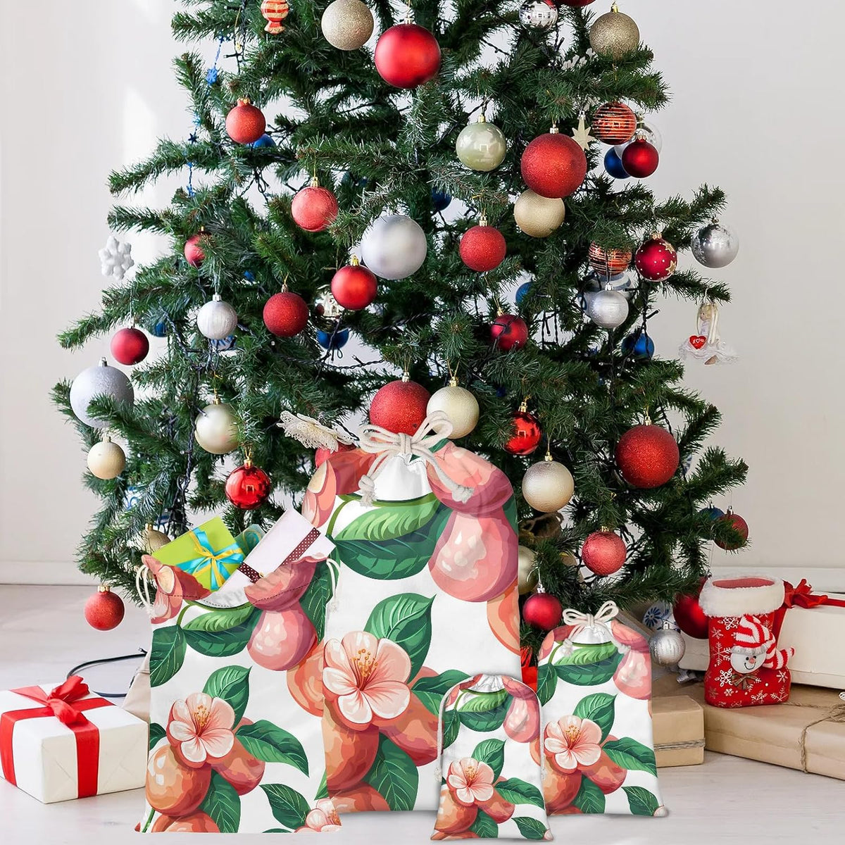 Peach Flower Floral Christmas Drawstring Gifts Bags Xmas Treat Pouch for Christmas Party Supplies Assorted Sizes for Holiday Present 29.92 x 19.69 inches
