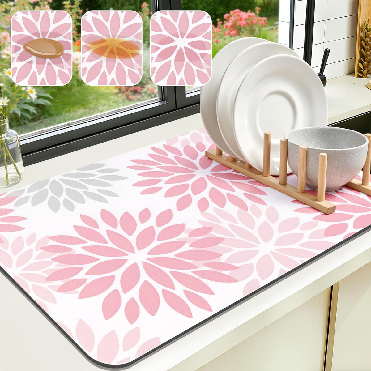 Floral Dish Drying Mat, 12" x 20" Absorbent Coffee Mat, Pink