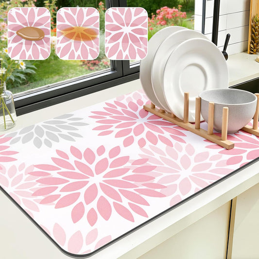 Floral Dish Drying Mat, 12" x 20" Absorbent Coffee Mat, Pink