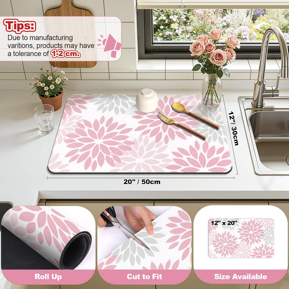 Floral Dish Drying Mat, 12" x 20" Absorbent Coffee Mat, Pink