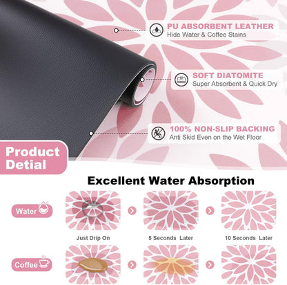 Floral Dish Drying Mat, 12" x 20" Absorbent Coffee Mat, Pink