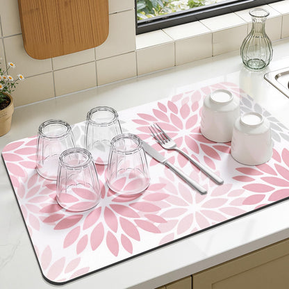 Floral Dish Drying Mat, 12" x 20" Absorbent Coffee Mat, Pink