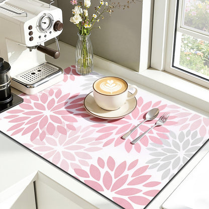 Floral Dish Drying Mat, 12" x 20" Absorbent Coffee Mat, Pink