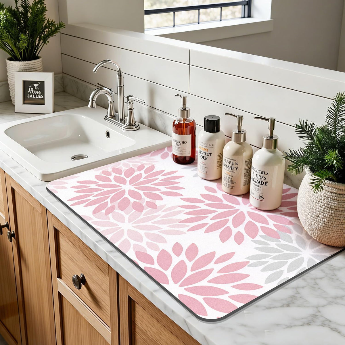 Floral Dish Drying Mat, 12" x 20" Absorbent Coffee Mat, Pink