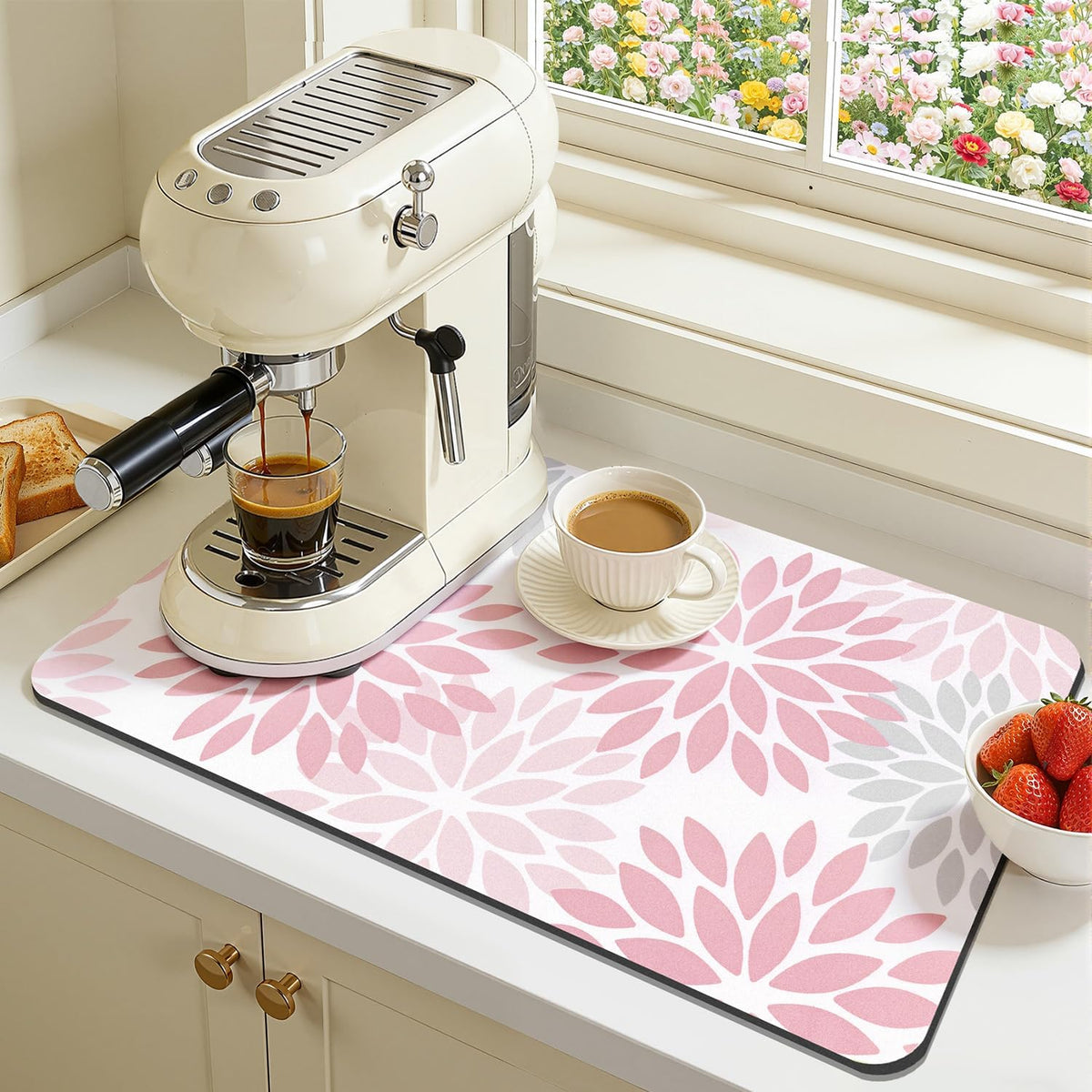 Floral Dish Drying Mat, 12" x 20" Absorbent Coffee Mat, Pink