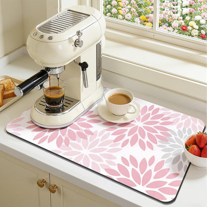 Floral Dish Drying Mat, 12" x 20" Absorbent Coffee Mat, Pink