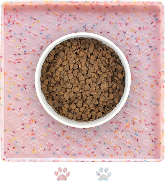Dog Food Mat Anti-Slip Dog Bowl Mats for Food and Water, Waterproof Pet Placemat Prevents Messy Spill to Floor, Silicone Puppy Feeding Tray for Small, Medium and Large Dogs Cats, Pink