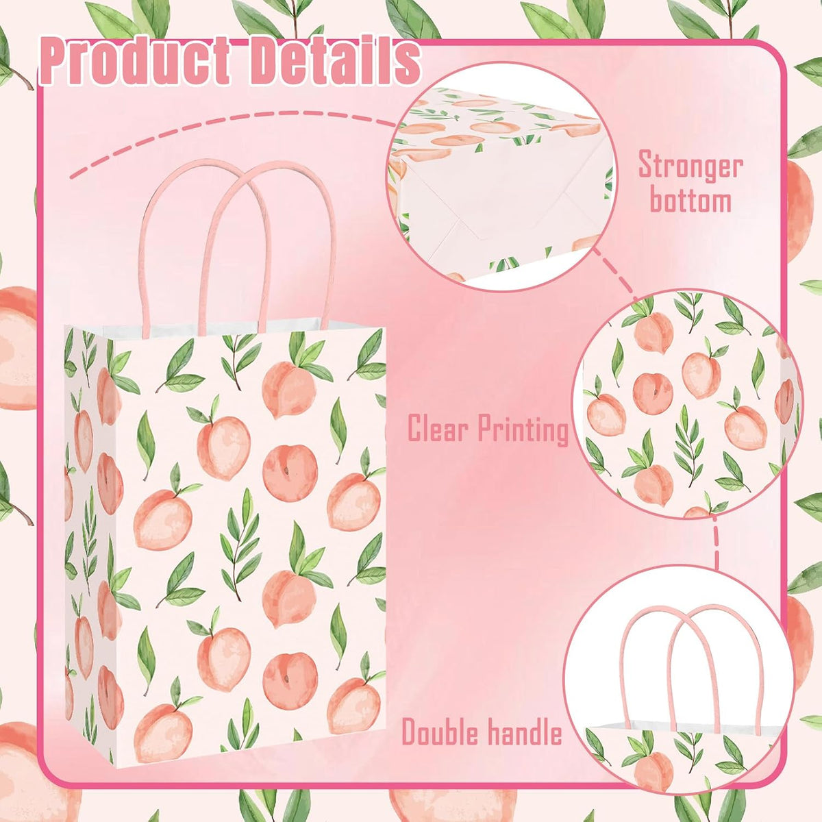 24Pcs Peach Paper Gift Bag Pink Treat Bags with Handles Candy Goodie Bags for Spring Summer Wedding Birthday Bridal Baby Shower Party Favors Supplies