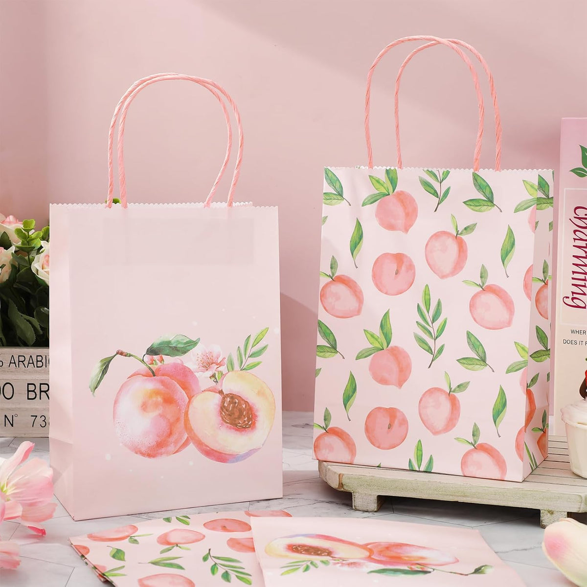 24Pcs Peach Paper Gift Bag Pink Treat Bags with Handles Candy Goodie Bags for Spring Summer Wedding Birthday Bridal Baby Shower Party Favors Supplies