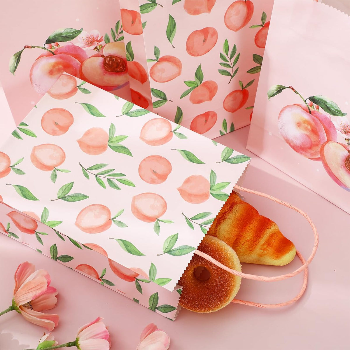 24Pcs Peach Paper Gift Bag Pink Treat Bags with Handles Candy Goodie Bags for Spring Summer Wedding Birthday Bridal Baby Shower Party Favors Supplies