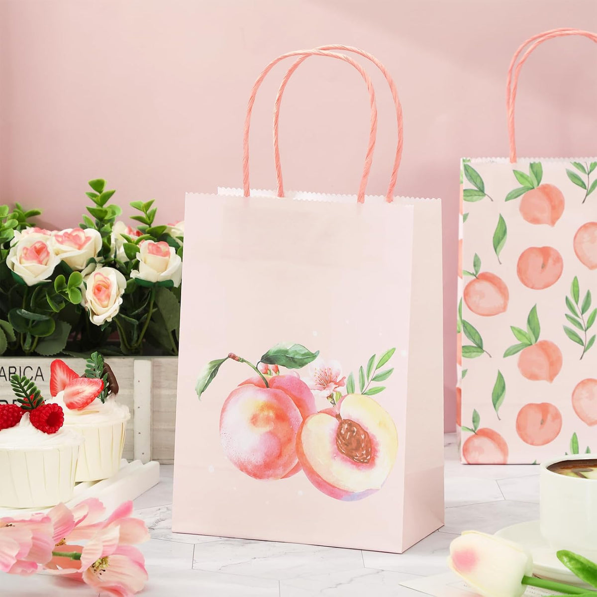 24Pcs Peach Paper Gift Bag Pink Treat Bags with Handles Candy Goodie Bags for Spring Summer Wedding Birthday Bridal Baby Shower Party Favors Supplies