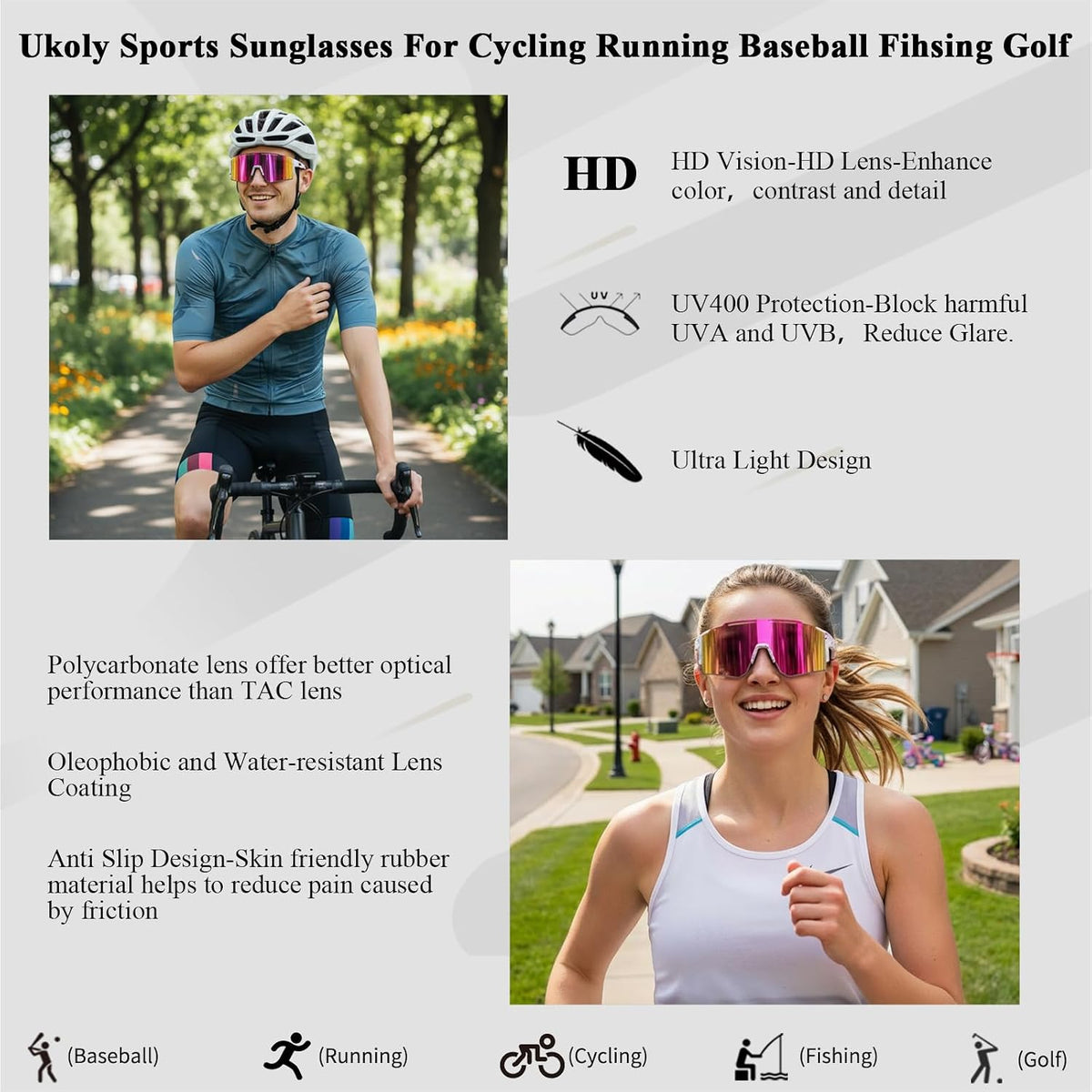 Sport Sunglasses for Men and Women,HD PC Lens UV400 Protection