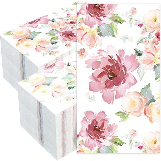 100 PCS Floral Paper Napkins Watercolor Flower Guest Napkins 3-Ply Disposable Dinner Napkins Decorative Paper Hand Towels for Wedding Bridal Baby Shower Tea Party Birthday, 4.3 x 7.9 Inch