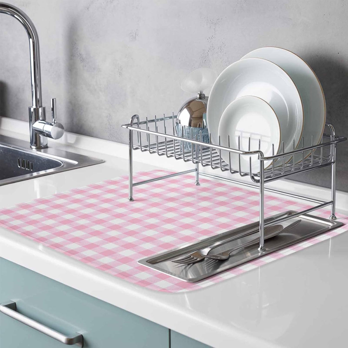 Dish Drying Mat Pink Check Buffalo Plaid Kitchen Counter Drying Pad for Dishes Glasses Cups and Cookware Pastoral Checkered Absorbent Dish Drying Mat Kitchen Accessories 2 Pack 16" x 18"