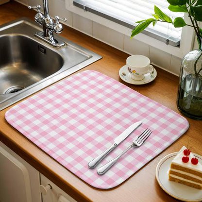 Dish Drying Mat Pink Check Buffalo Plaid Kitchen Counter Drying Pad for Dishes Glasses Cups and Cookware Pastoral Checkered Absorbent Dish Drying Mat Kitchen Accessories 2 Pack 16" x 18"