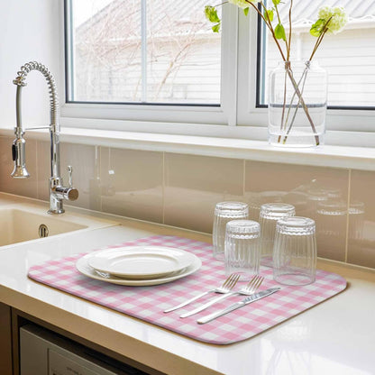 Dish Drying Mat Pink Check Buffalo Plaid Kitchen Counter Drying Pad for Dishes Glasses Cups and Cookware Pastoral Checkered Absorbent Dish Drying Mat Kitchen Accessories 2 Pack 16" x 18"