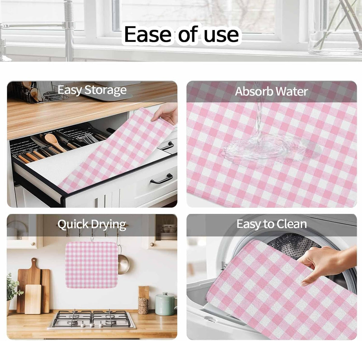 Dish Drying Mat Pink Check Buffalo Plaid Kitchen Counter Drying Pad for Dishes Glasses Cups and Cookware Pastoral Checkered Absorbent Dish Drying Mat Kitchen Accessories 2 Pack 16" x 18"