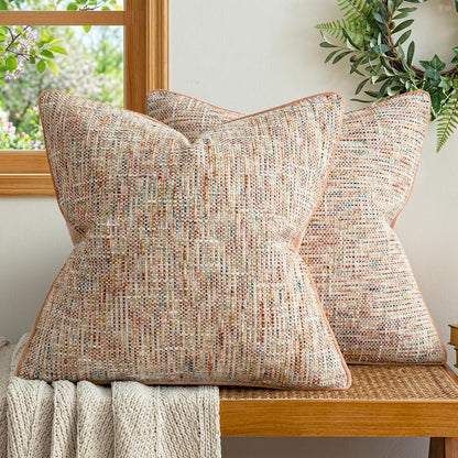 Light Pink Reversible Pillow Covers 2 Pack - Farmhouse Chenille Velvet Throw Pillows, Neutral Textured Decorative Throw Pillow Covers with Border for Couch Sofa Bed (18x18 Inch, No Insert)