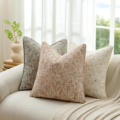 Light Pink Reversible Pillow Covers 2 Pack - Farmhouse Chenille Velvet Throw Pillows, Neutral Textured Decorative Throw Pillow Covers with Border for Couch Sofa Bed (18x18 Inch, No Insert)
