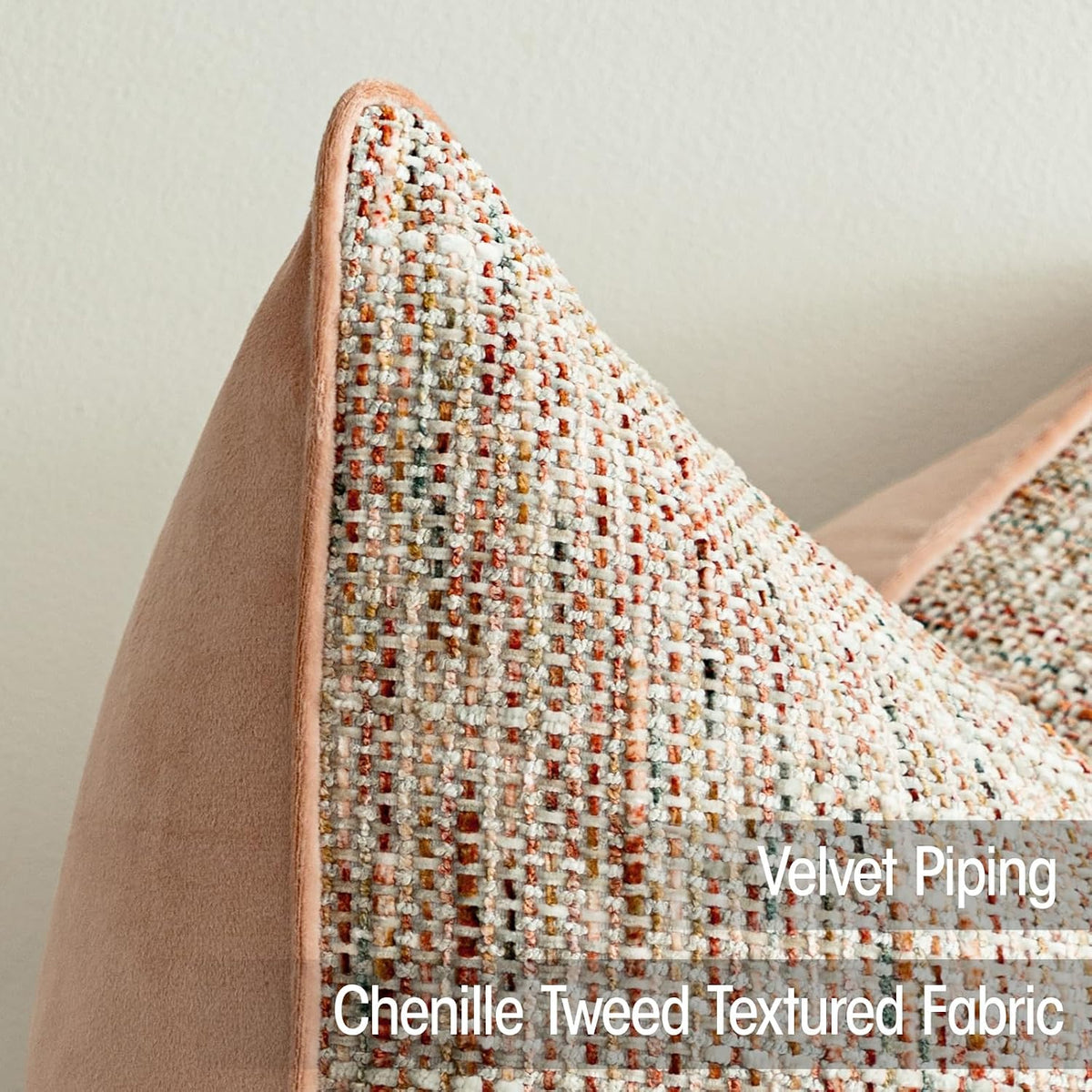 Light Pink Reversible Pillow Covers 2 Pack - Farmhouse Chenille Velvet Throw Pillows, Neutral Textured Decorative Throw Pillow Covers with Border for Couch Sofa Bed (18x18 Inch, No Insert)