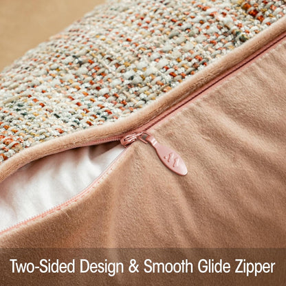 Light Pink Reversible Pillow Covers 2 Pack - Farmhouse Chenille Velvet Throw Pillows, Neutral Textured Decorative Throw Pillow Covers with Border for Couch Sofa Bed (18x18 Inch, No Insert)