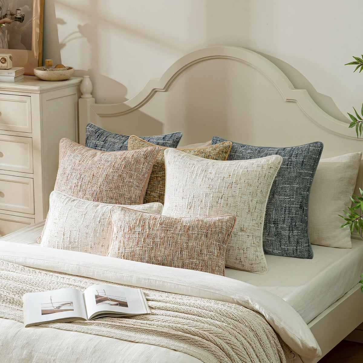 Light Pink Reversible Pillow Covers 2 Pack - Farmhouse Chenille Velvet Throw Pillows, Neutral Textured Decorative Throw Pillow Covers with Border for Couch Sofa Bed (18x18 Inch, No Insert)