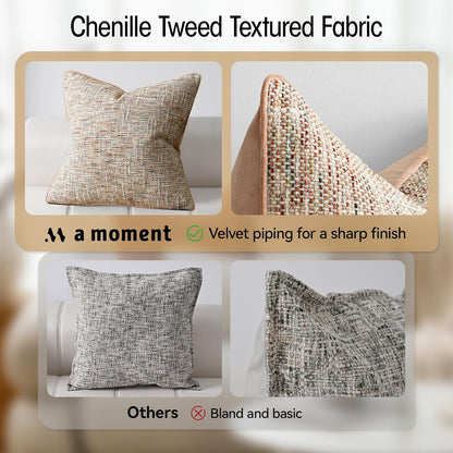 Light Pink Reversible Pillow Covers 2 Pack - Farmhouse Chenille Velvet Throw Pillows, Neutral Textured Decorative Throw Pillow Covers with Border for Couch Sofa Bed (18x18 Inch, No Insert)