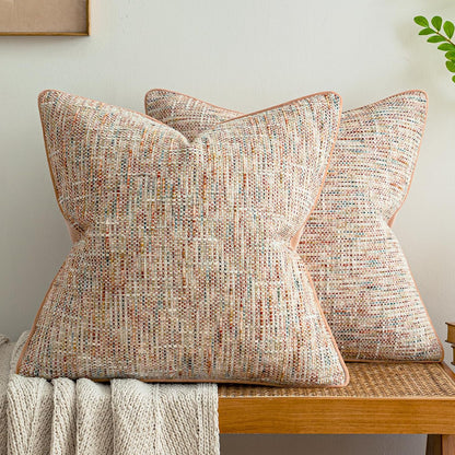 Light Pink Reversible Pillow Covers 2 Pack - Farmhouse Chenille Velvet Throw Pillows, Neutral Textured Decorative Throw Pillow Covers with Border for Couch Sofa Bed (18x18 Inch, No Insert)