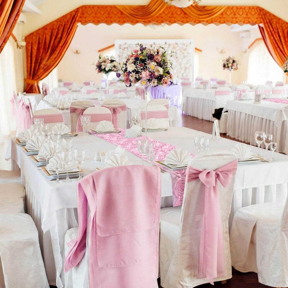4 Pcs Rosette Table Runner 14x108 Inch for Wedding, Pink