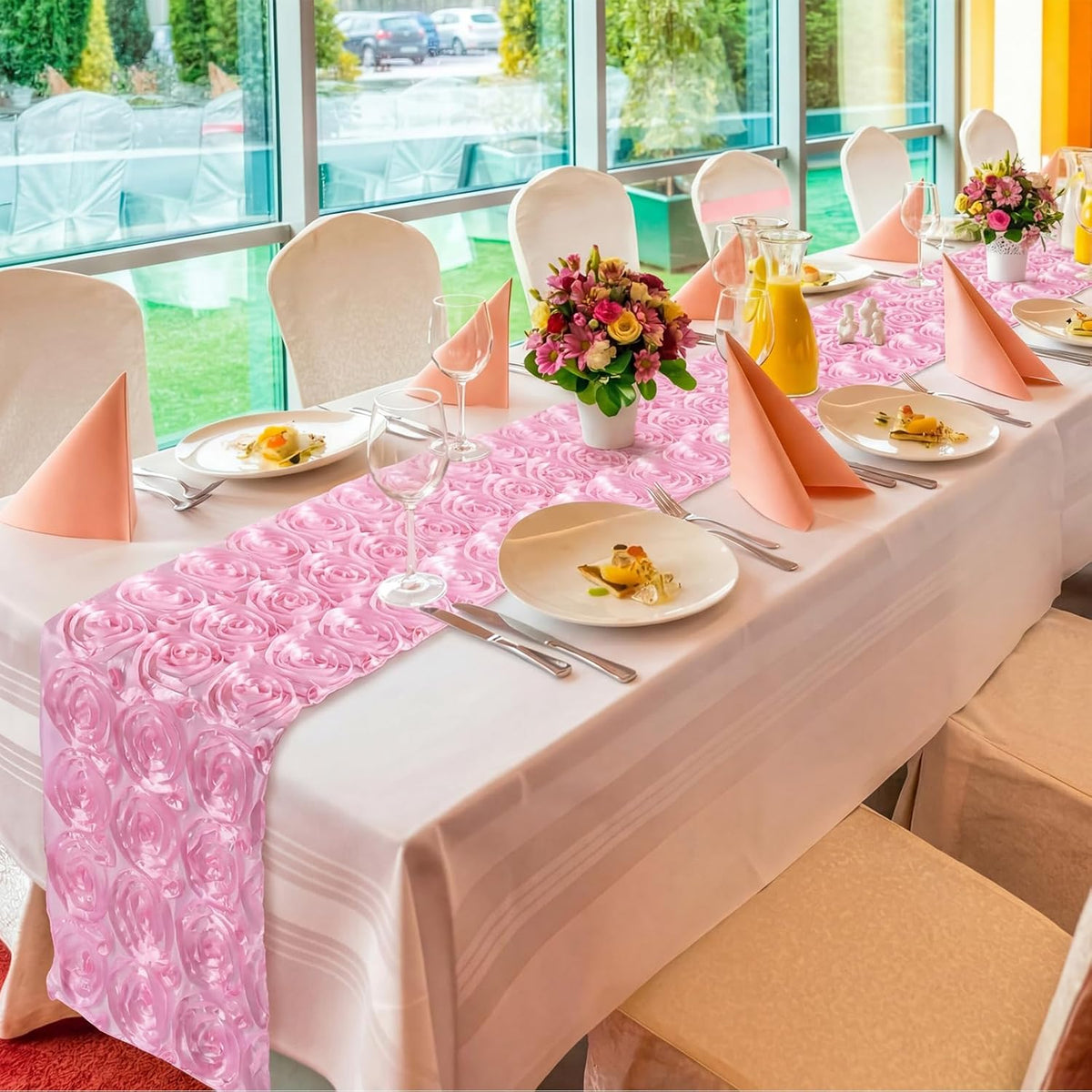 4 Pcs Rosette Table Runner 14x108 Inch for Wedding, Pink