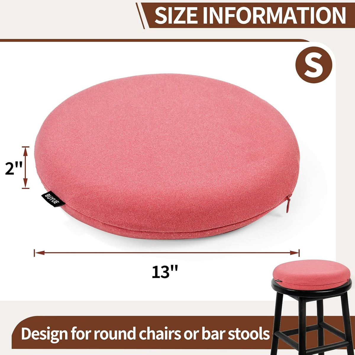 Memory Foam Seat Cushion, Dia 13" Soft Velvet Round Stool Cushion Anti-Slip Chair Pads, S, Rose Pink