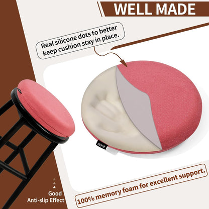 Memory Foam Seat Cushion, Dia 13" Soft Velvet Round Stool Cushion Anti-Slip Chair Pads, S, Rose Pink