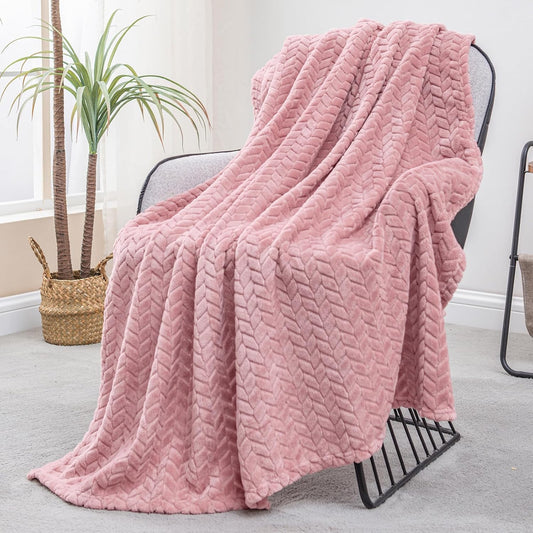 Exclusivo Mezcla Fleece Throw Blanket for Couch and Bed, 50x70 Inches Soft Cozy Jacquard Flannel Blankets, Lightweight Fuzzy Plush Throws for Women, Pink