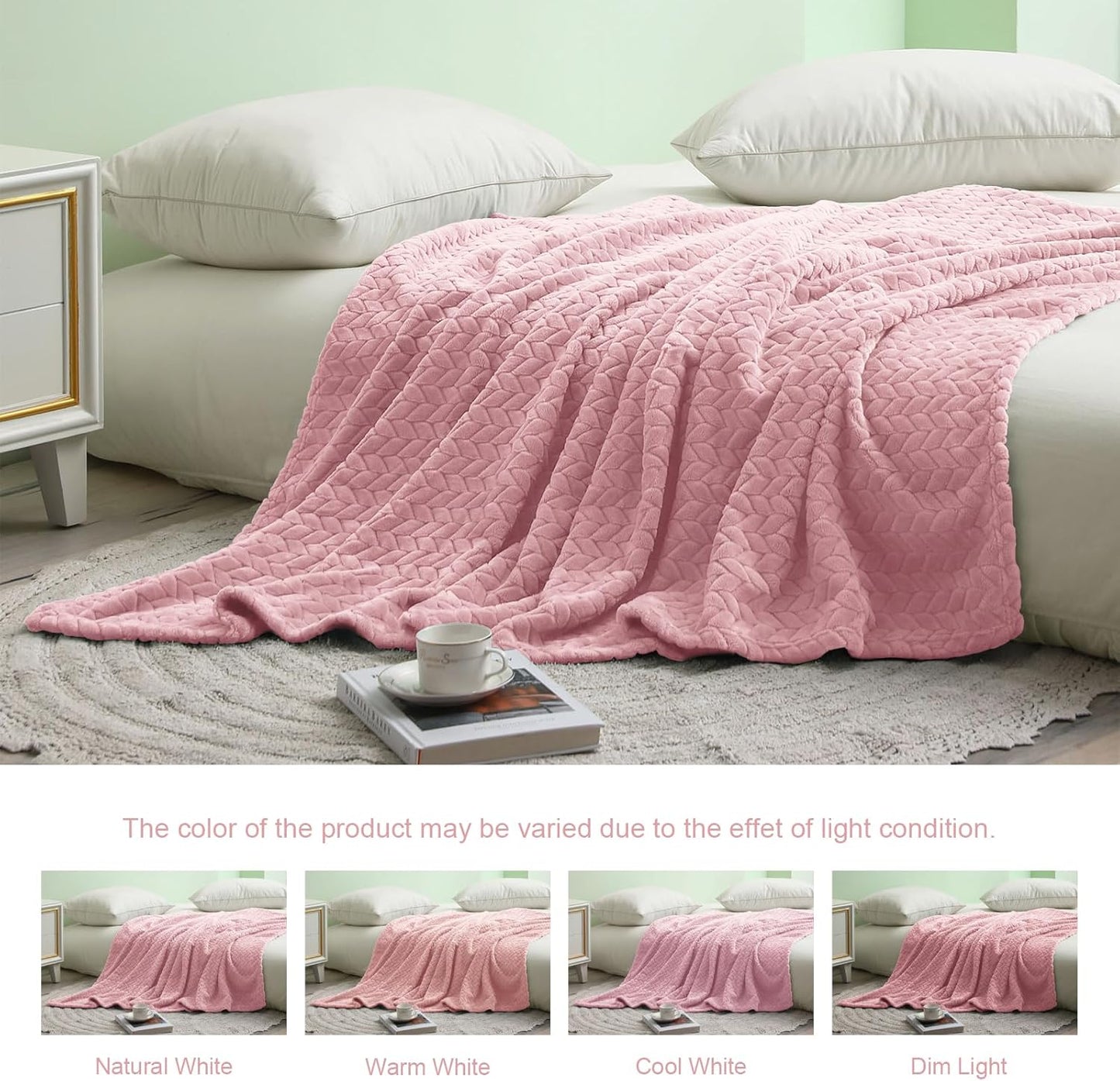 Exclusivo Mezcla Fleece Throw Blanket for Couch and Bed, 50x70 Inches Soft Cozy Jacquard Flannel Blankets, Lightweight Fuzzy Plush Throws for Women, Pink