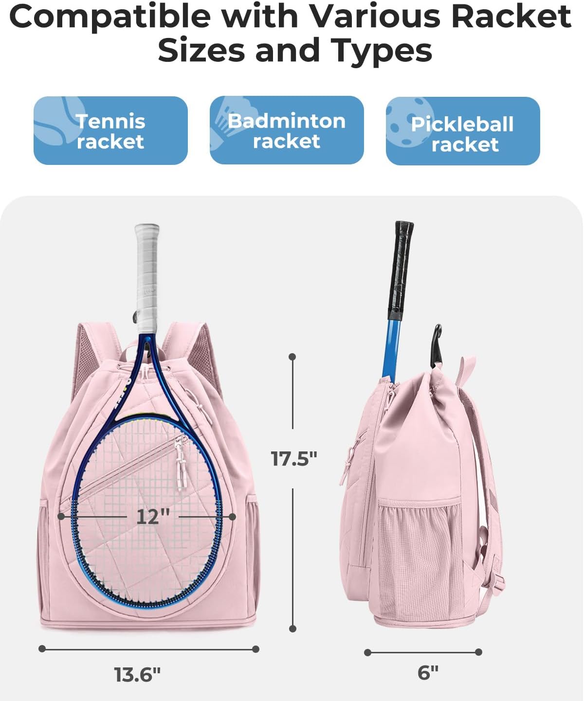 Drawstring Tennis Backpack with Shoe Compartment & Wet Pocket