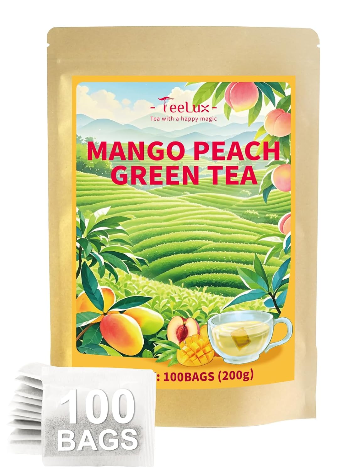 Mango Peach Green Tea, Steamed Green Tea Blend, Fruit Aroma, 100ct