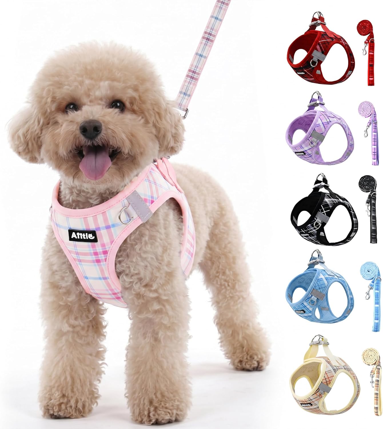AIITLE No Pull Dog Harness and Leash Set, Step in Easy Fit Reflective Vest Harness for Small Medium Dogs, Adjustable Choke Free Plaid Harness for Walking, Jogging, Training, Pink S