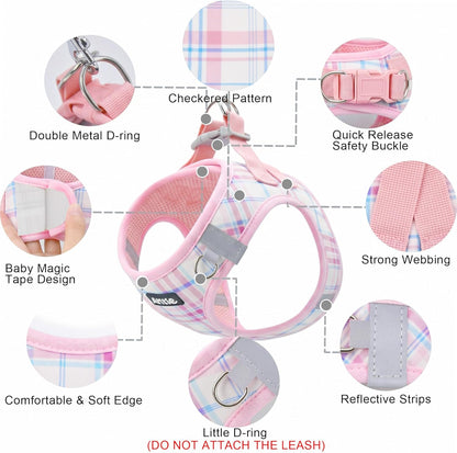 AIITLE No Pull Dog Harness and Leash Set, Step in Easy Fit Reflective Vest Harness for Small Medium Dogs, Adjustable Choke Free Plaid Harness for Walking, Jogging, Training, Pink S