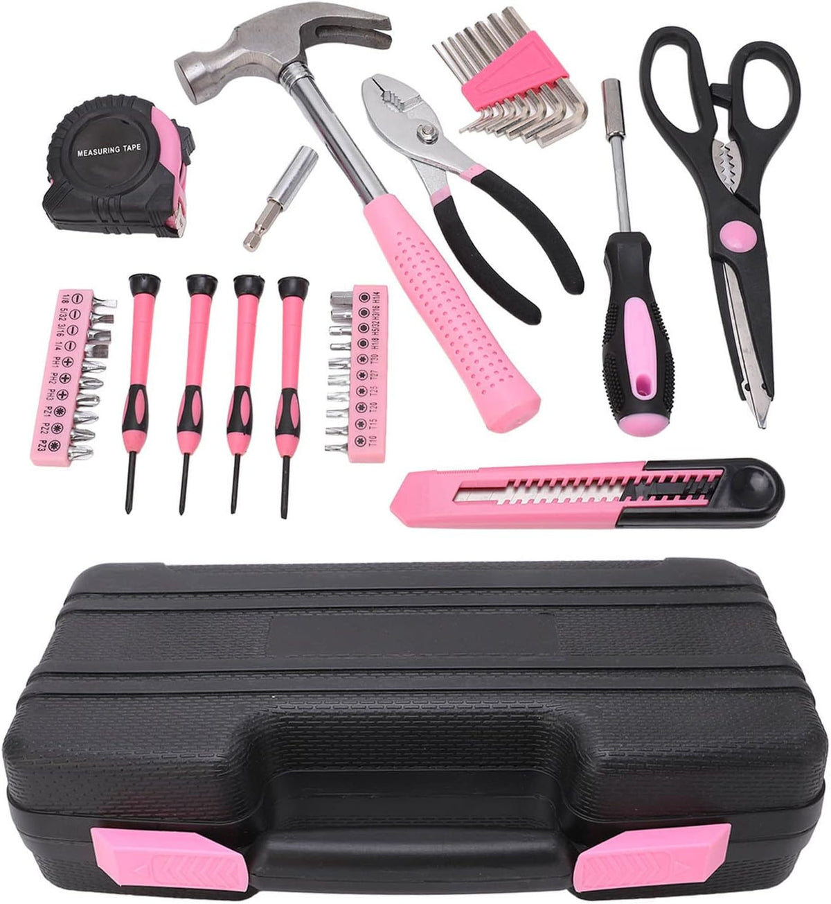 For Maintenance and Repair - 39 Piece Household Tool Kit - Pink and Black Hand Tool Set Including Claw Hammer Screwdriver Hex Wrench Pliers Tape Measure and Utility Knife with