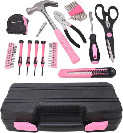 For Maintenance and Repair - 39 Piece Household Tool Kit - Pink and Black Hand Tool Set Including Claw Hammer Screwdriver Hex Wrench Pliers Tape Measure and Utility Knife with