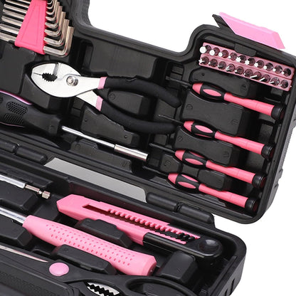 For Maintenance and Repair - 39 Piece Household Tool Kit - Pink and Black Hand Tool Set Including Claw Hammer Screwdriver Hex Wrench Pliers Tape Measure and Utility Knife with