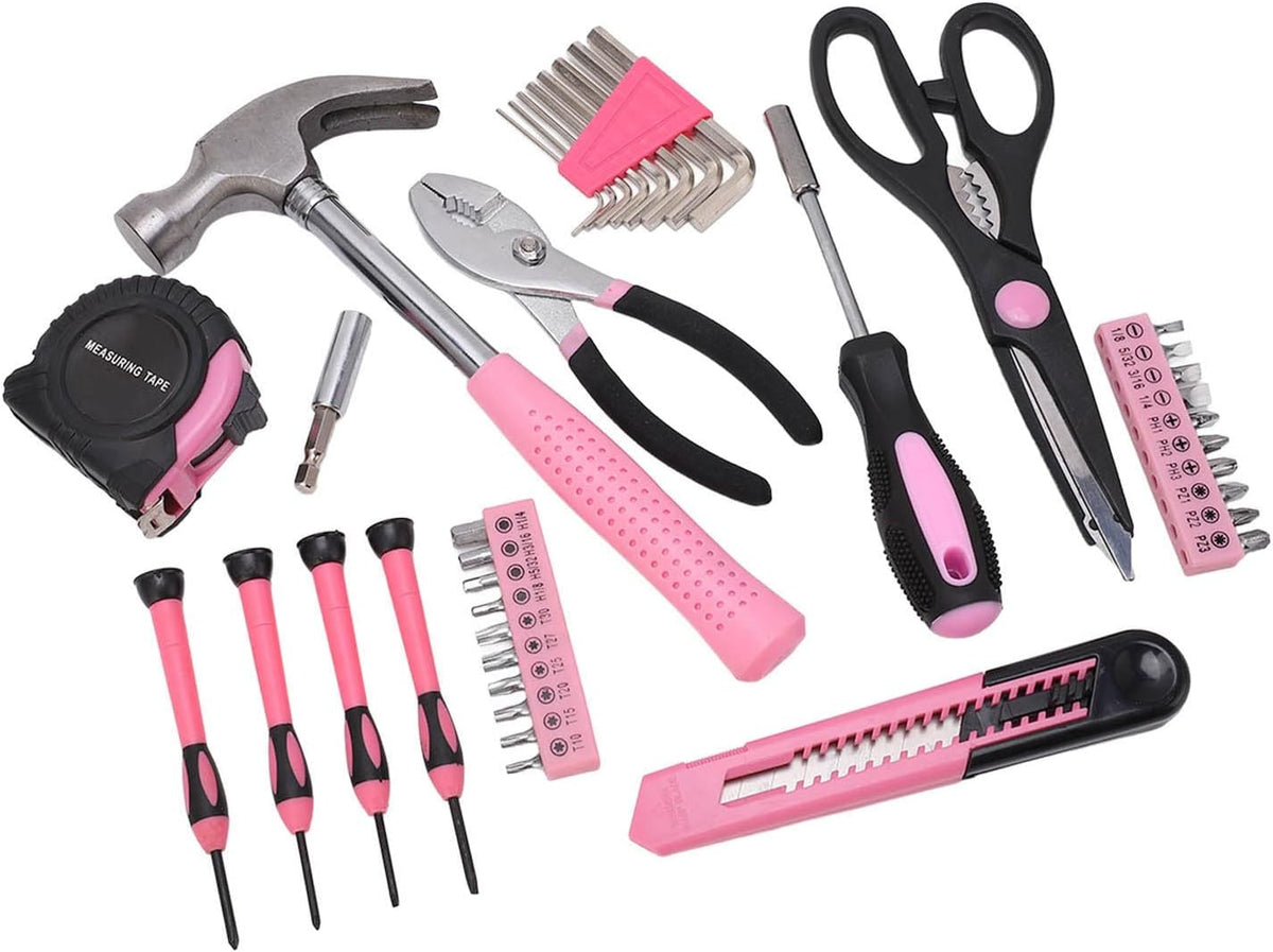 For Maintenance and Repair - 39 Piece Household Tool Kit - Pink and Black Hand Tool Set Including Claw Hammer Screwdriver Hex Wrench Pliers Tape Measure and Utility Knife with