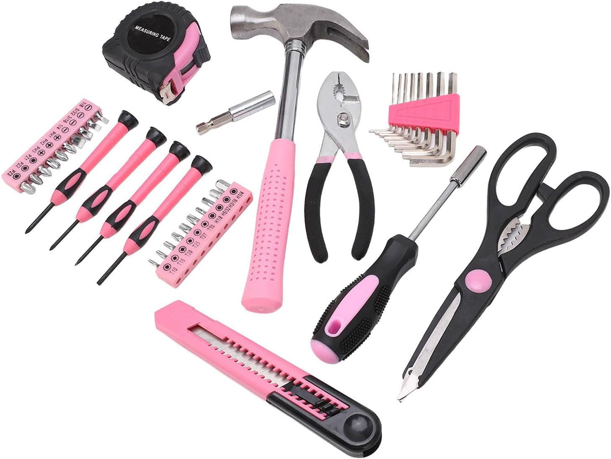 For Maintenance and Repair - 39 Piece Household Tool Kit - Pink and Black Hand Tool Set Including Claw Hammer Screwdriver Hex Wrench Pliers Tape Measure and Utility Knife with