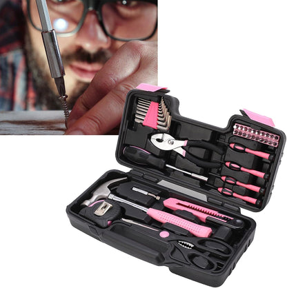 For Maintenance and Repair - 39 Piece Household Tool Kit - Pink and Black Hand Tool Set Including Claw Hammer Screwdriver Hex Wrench Pliers Tape Measure and Utility Knife with