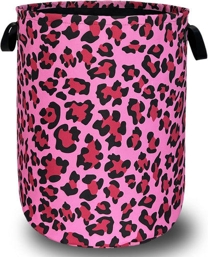 Pink Leopard Print Laundry Hamper Oxford Cloth Basket 18.9"x16.5"